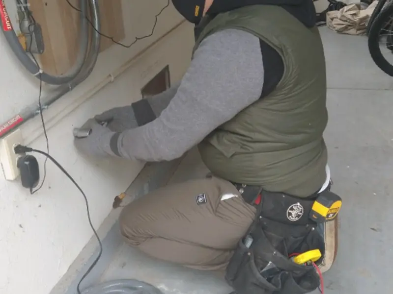Electrician performing outlet wiring in a Lakes of the Four Seasons garage